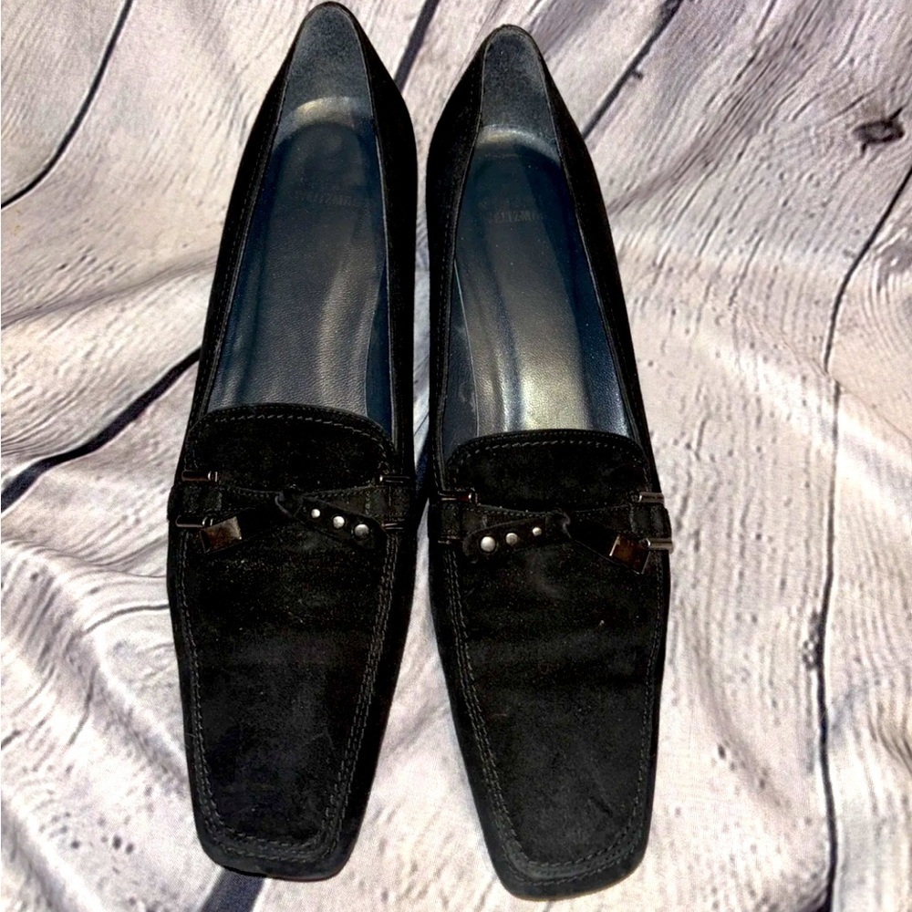 Stuart Weitzman Black Suede Kitten Heel Square Toe Pumps  Made In Spain Sz 10M